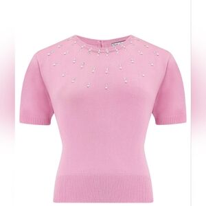 Diamante And Pearl Short Sleeve Pull Over Sweater In Pink